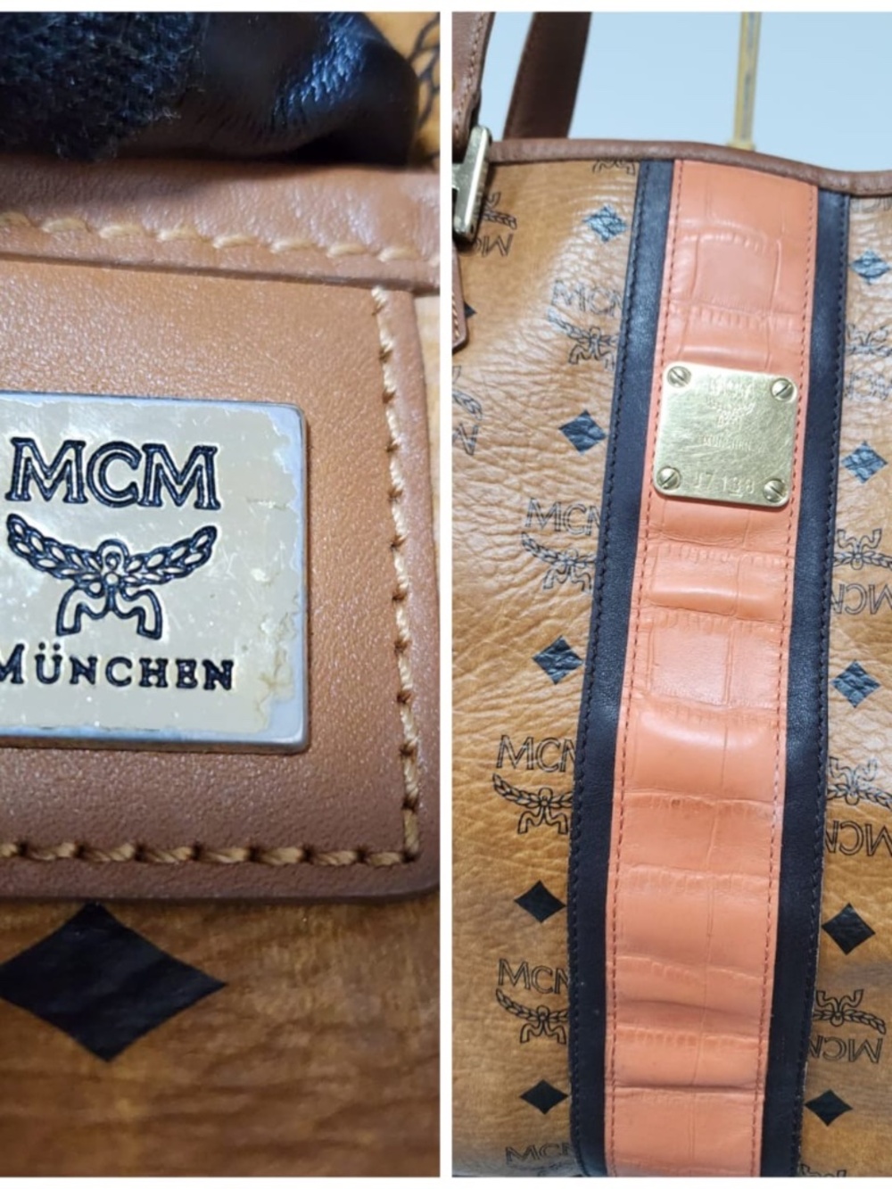 Authentic MCM Visetos Shopper Stripe XL Tote Bag Brown/Peach - Picture 5 of 14